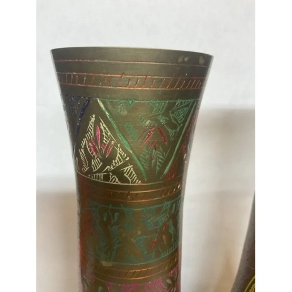 Vintage Set of 2 Brass Hand Etched Multicolored Flower Bud Vases 12